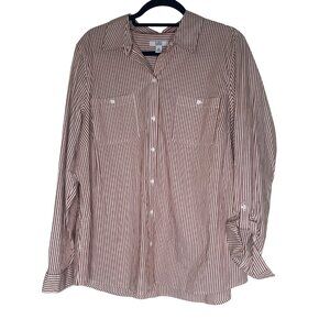 Croft & Barrow Button Up Top Womens XXL Brown Striped Roll Tab Sleeves